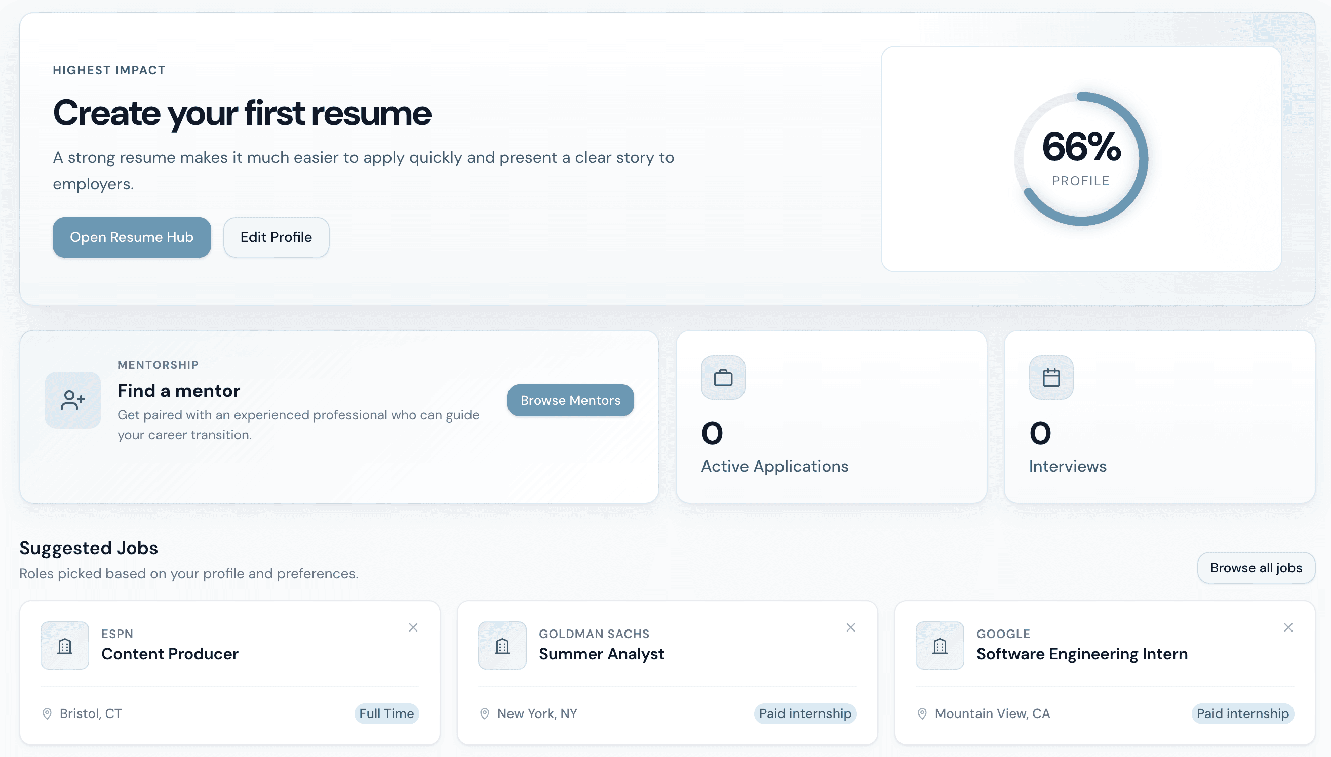 Never Summit resume hub dashboard