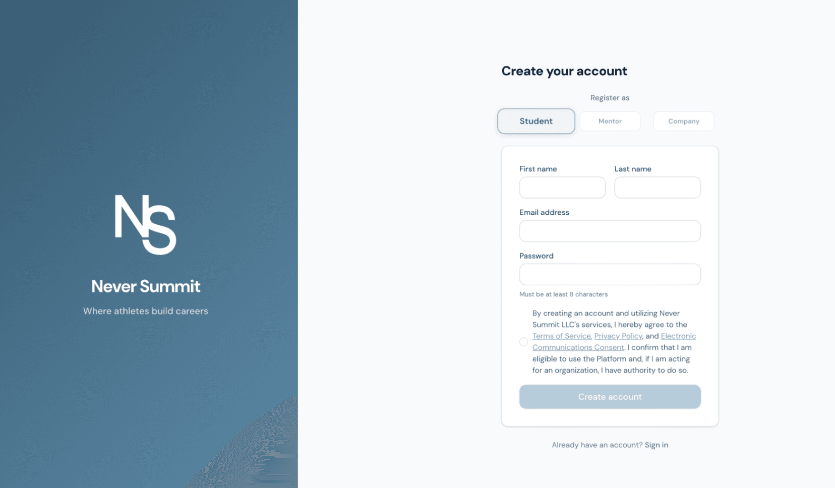 Never Summit onboarding screen