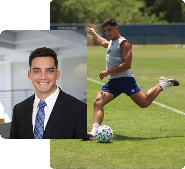 Edgardo Obregon - Never Summit co-founder, professional headshot and college soccer action photo