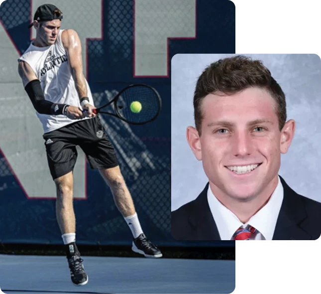Hunter Robbins - Never Summit co-founder, professional headshot and college tennis action photo